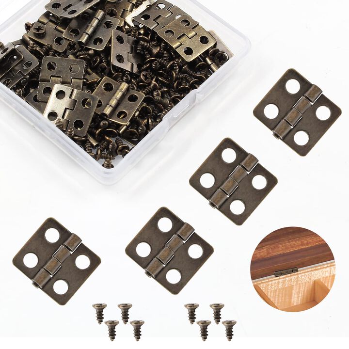 LifCratms 50 Pcs Mini Hinges, 13 x 12 mm Antique Bronze, Copper Plated, Miniature, Retro, Iron, Surface Mount Hinges with Screws