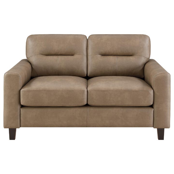 Secy Loveseat, Brown Faux Leather, Track Arms, 58 Inch Pine Wood Frame