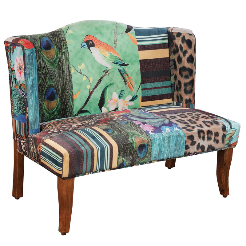 46 Inch Settee Loveseat Bench, Handcrafted Wingback Design, Bird Collage Print Velvet Fabric, Multicolor - Benzara