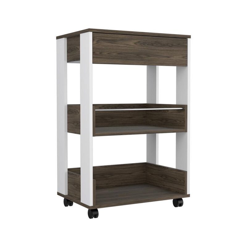 DEPOT E-SHOP Pillar Kitchen Cart, Four Caster Wheels, Three Shelves, Countertop-White Dark Walnut
