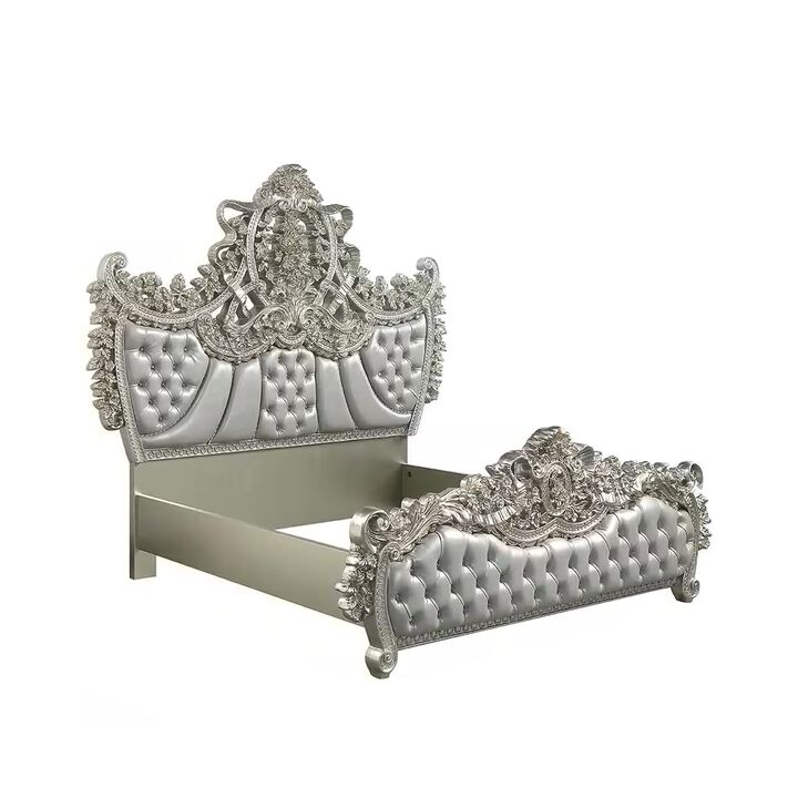 Dove King Bed, Beige Faux Leather Victorian Carved, Champagne Gold - Benzara