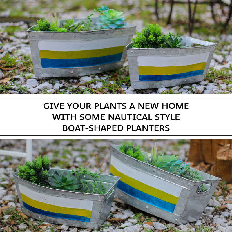 Set of 2 Galvanized Metal Boat Planter Flower Tub Indoor Outdoor Plant Pot image number 3