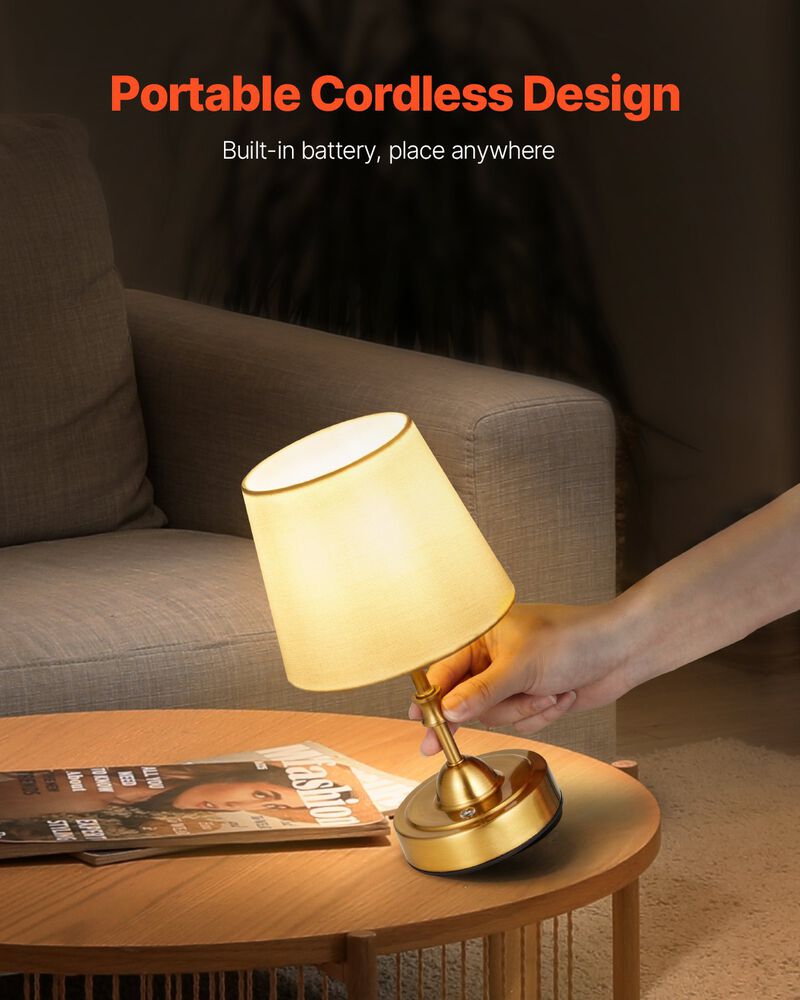 Cordless LED Table Lamp &ndash; 5200mAh Rechargeable, 3 Brightness Levels, Fabric Shade