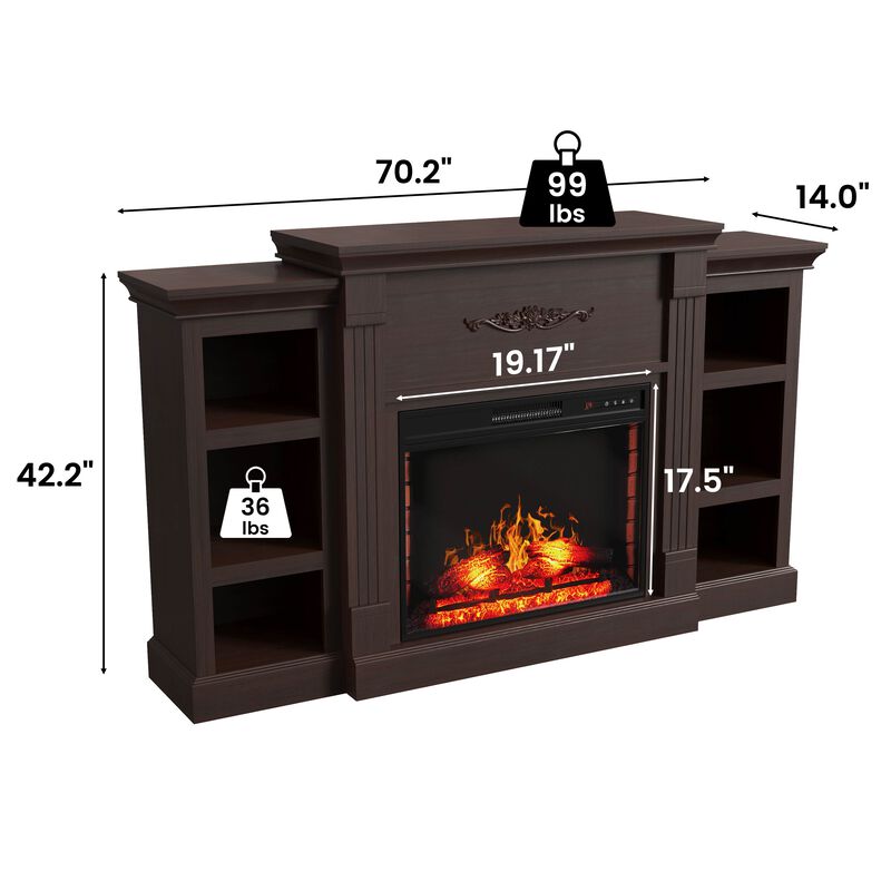 Mondawe 70.2" w Vintage Brown TV Stand With Fan Flat Panel Wall Mounted Electric Fireplace With Remote Control And Adjustable 4 Flames