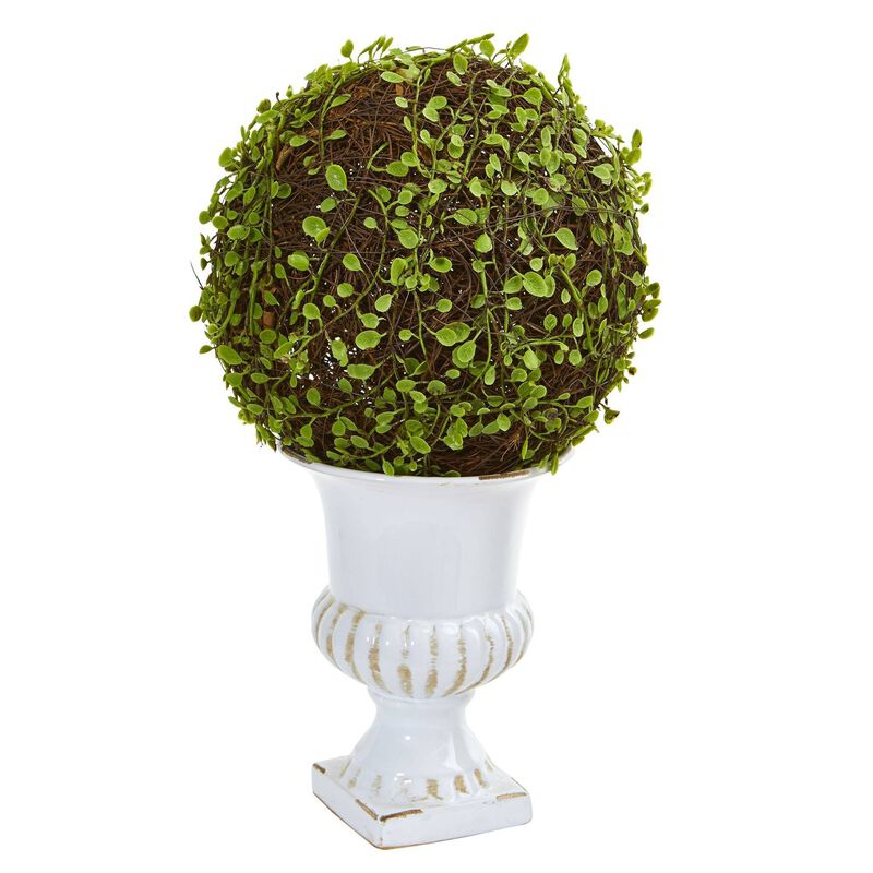 Nearly Natural 18-in Mohlenbechia Ball Topiary in White Urn
