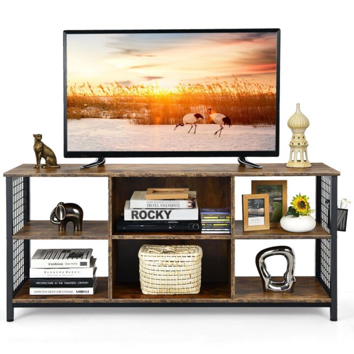 Hivvago Mid-Century Wooden TV Stand with Storage Basket for TVs up to 65 Inch-Rustic Brown