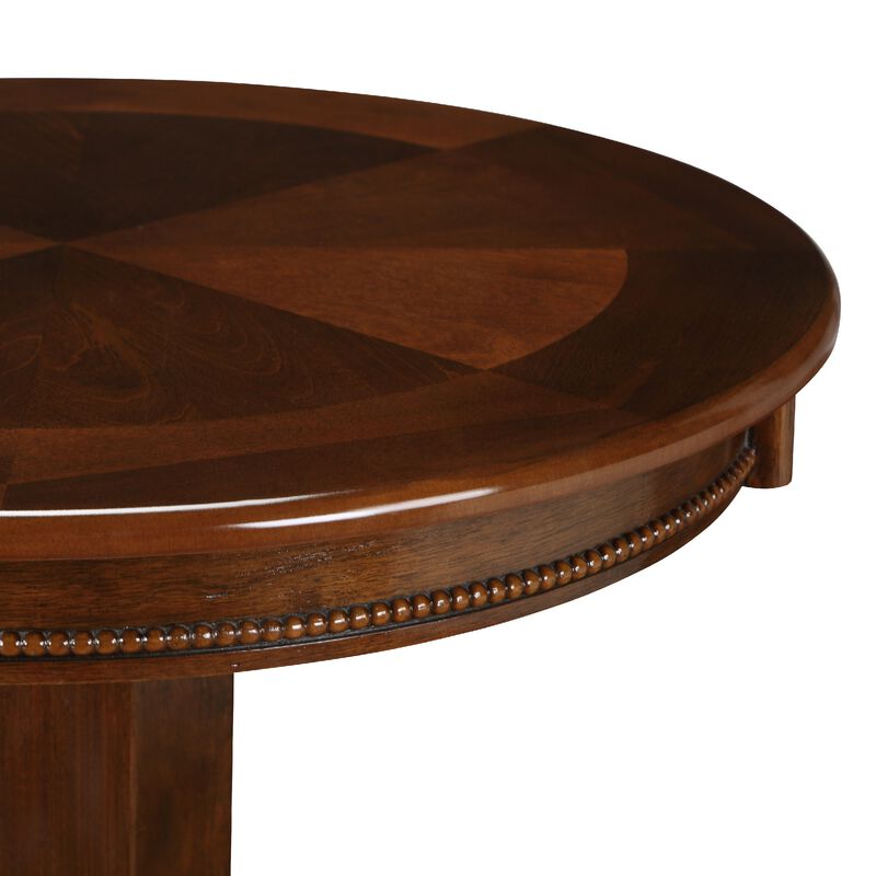 Ava 42 Inch Wood Pub Bar Table, Sunburst Design, Carved Pedestal, Cappuccino