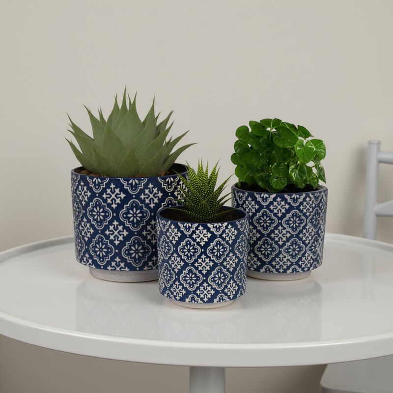 Modern Planter Set of 3, Vintage Floral Motifs, White Blue Ceramic - Benzara