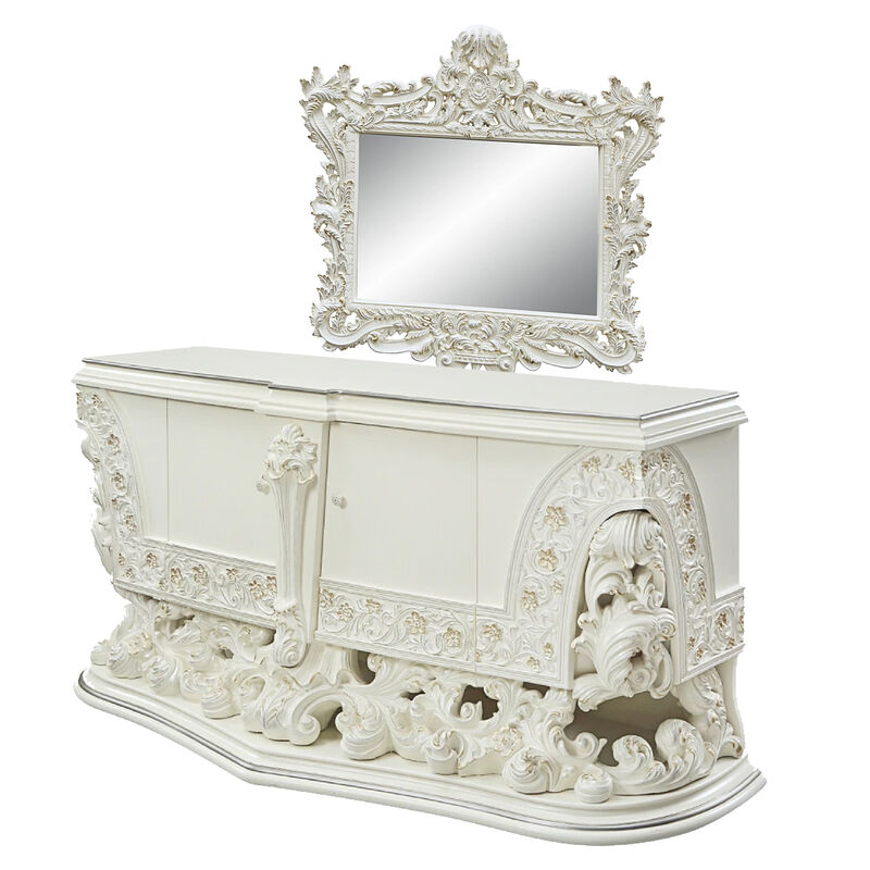 Bo Four Piece Full Bedroom Set, Baroque Style, White Faux Leather Uphosltery - Benzara image number 3