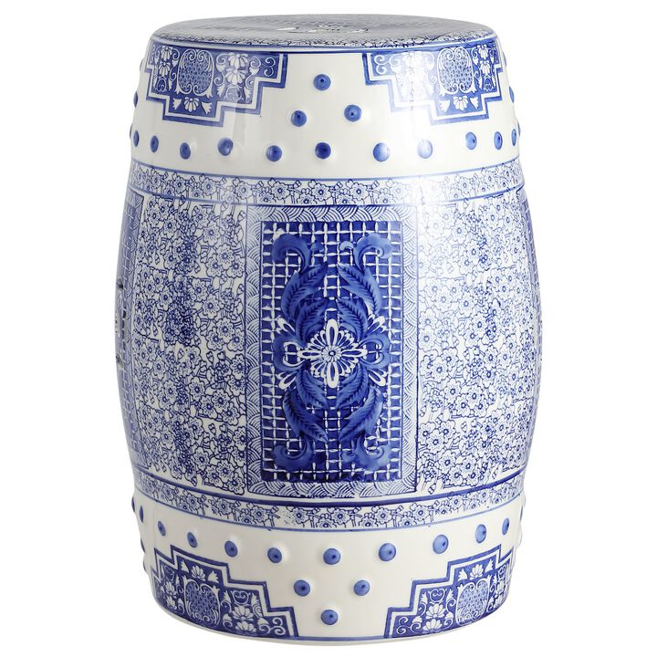 Acanthus 17.8" Chinoiserie Ceramic Drum Garden Stool, Blue/White