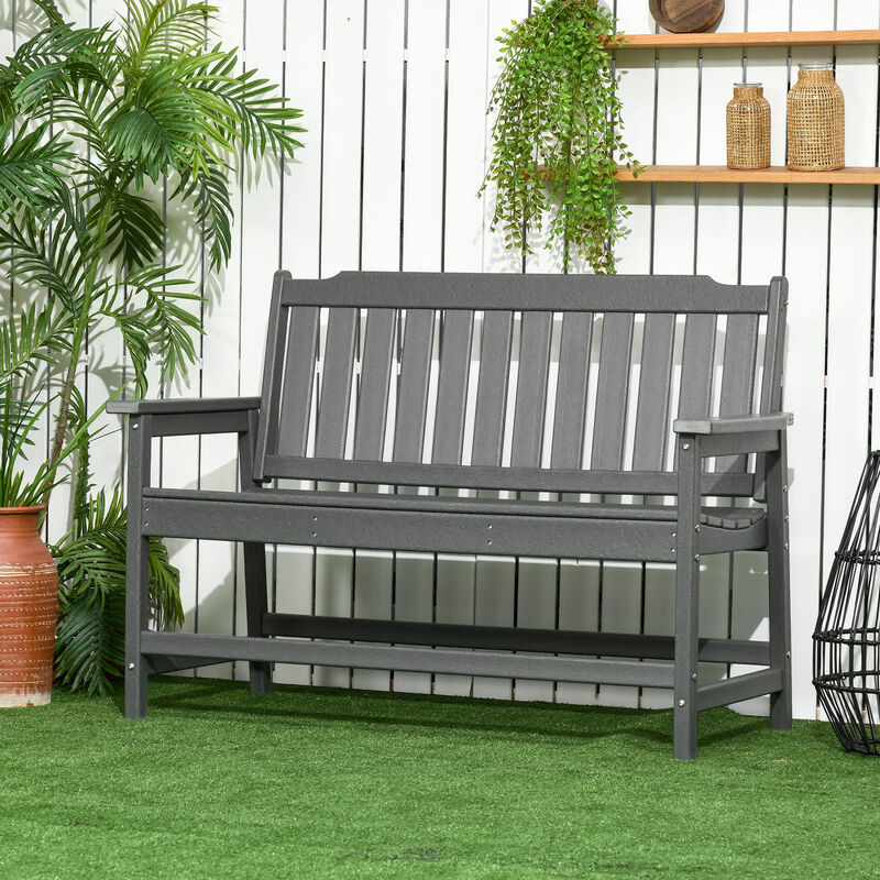 Outsunny Outdoor Bench, 2-Person Park Style Garden Bench with All-Weather HDPE, 704 lbs. Weight Capacity Porch Bench with Slatted Back & Armrests, Dark Gray