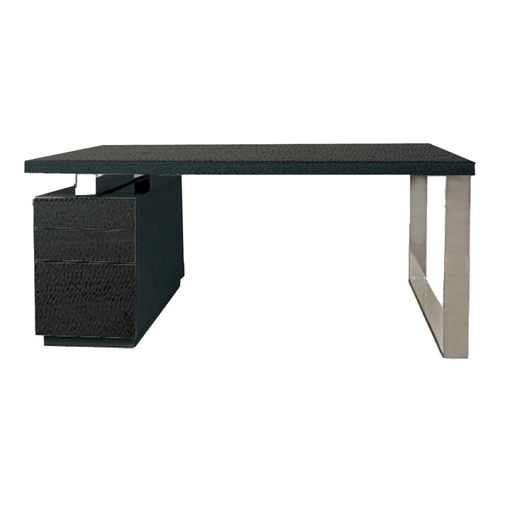 Rei 63 Inch Office Desk, File Cabinet, Chrome Metal Base, Brown Wood  - Benzara
