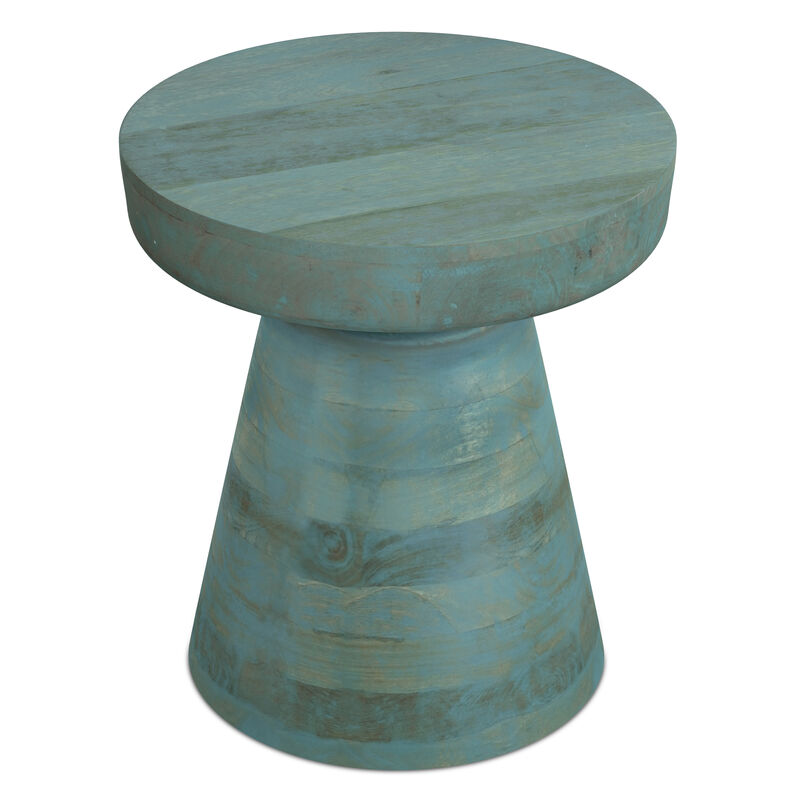 Robbie SOLID MANGO WOOD 16 inch Wide Round Boho Contemporary Rustic Accent Table in Teal Wash, Fully Assembled