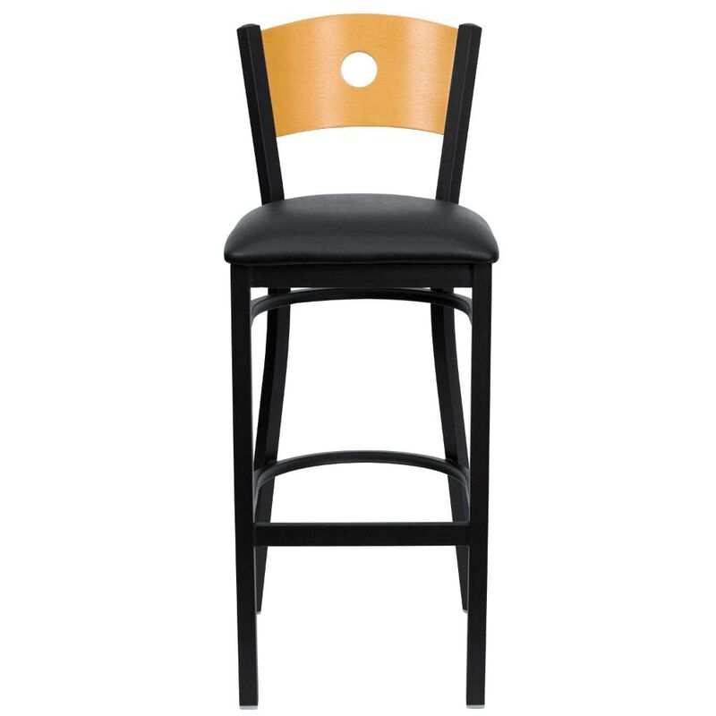 Flash Furniture HERCULES Series Black Circle Back Metal Restaurant Barstool - Natural Wood Back, Black Vinyl Seat