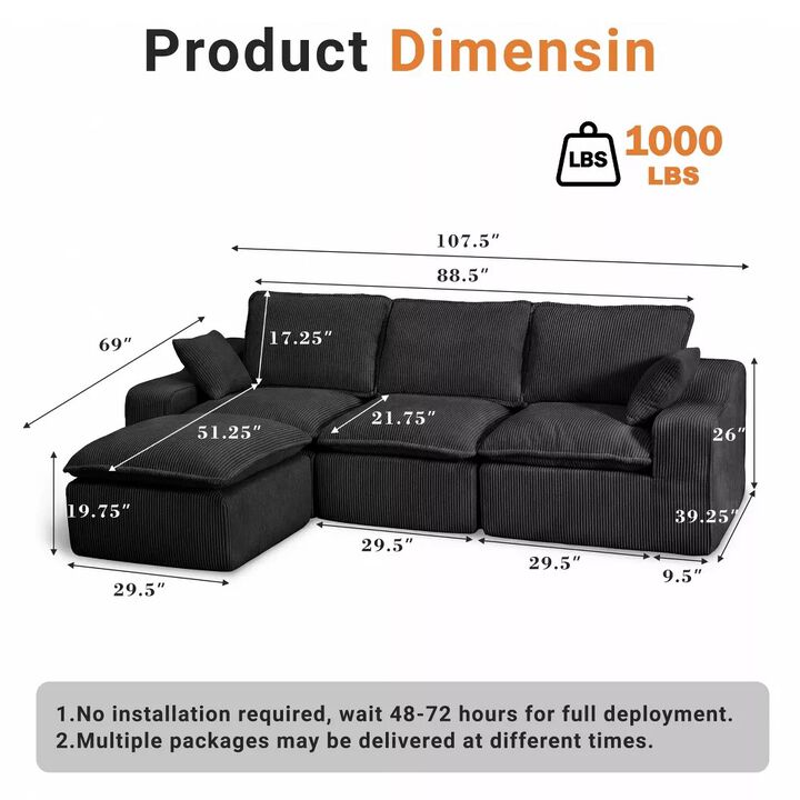 Vipbear 107" L-Shaped Modular Sectional Sofa, Corduroy Cloud Couch with Movable Ottoman, 4-Seat