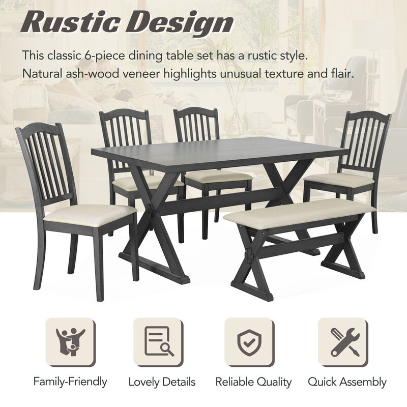 6-Piece Rustic Dining Set, Rectangular Trestle Table and 4 Upholstered Chairs & Bench for Dining Room (Gray)
