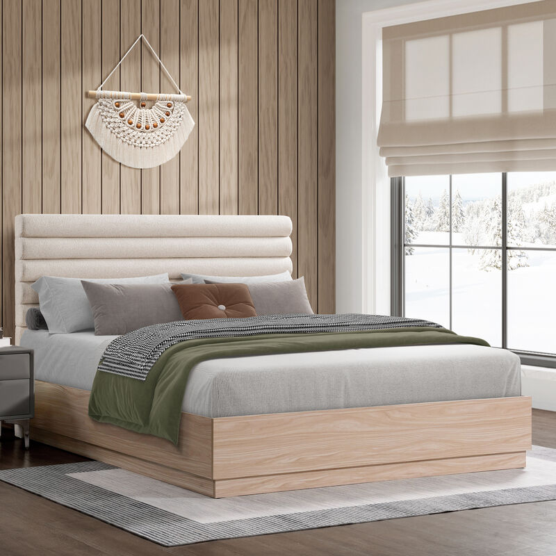 Christopher Knight Home Bellane Contemporary Wood Bed Frame with Taupe Boucle Upholstered Headboard