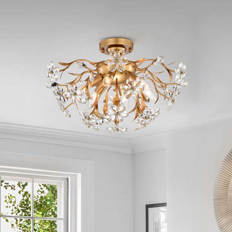 Paola 6-Light Glossy Bronze Daisy Flower Crystal Glass Sputnik Branch Flush Mount image number 1