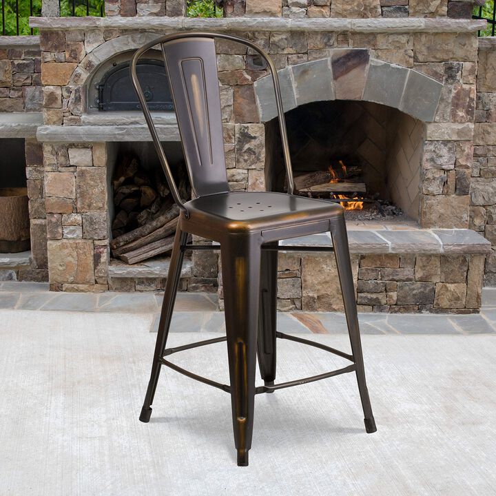 Flash Furniture Carly Commercial Grade 24" High Distressed Copper Metal Indoor-Outdoor Counter Height Stool with Back