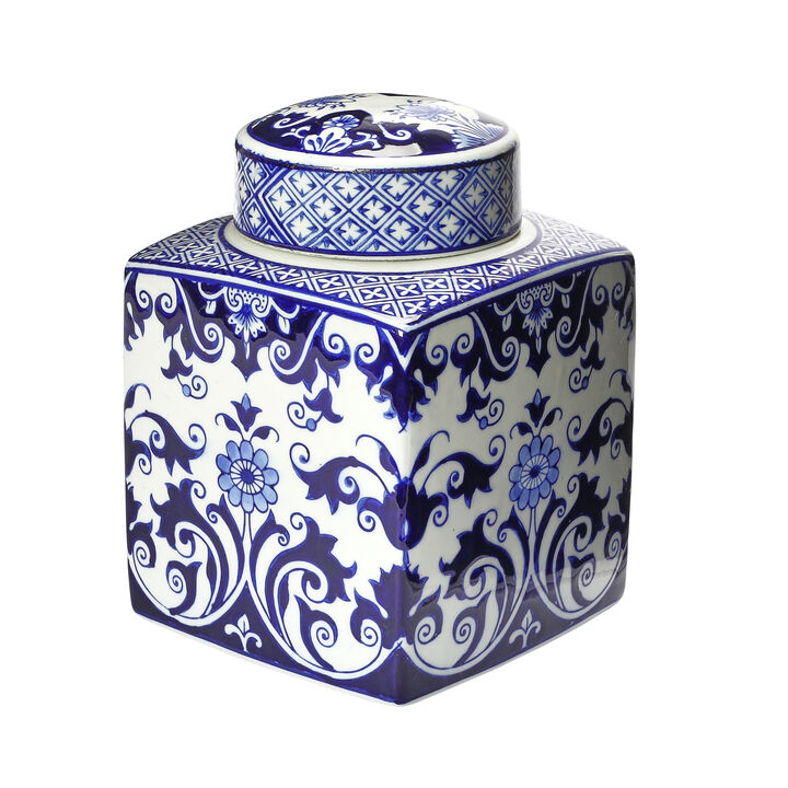 Decorative Square Ceramic Ginger Jar with Lid for Small Spaces, Blue and White