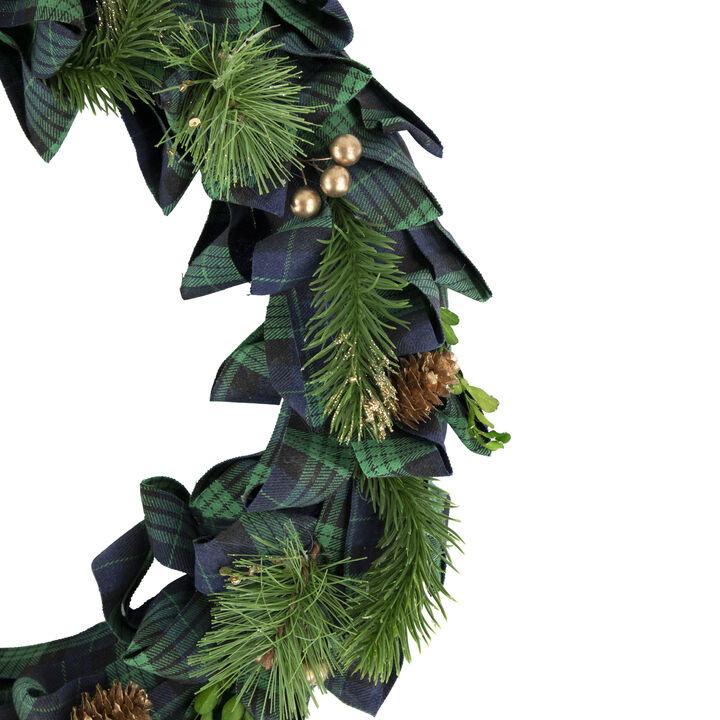 Blue and Green Plaid Bow Artificial Pine Christmas Wreath  17.75-Inch  Unlit