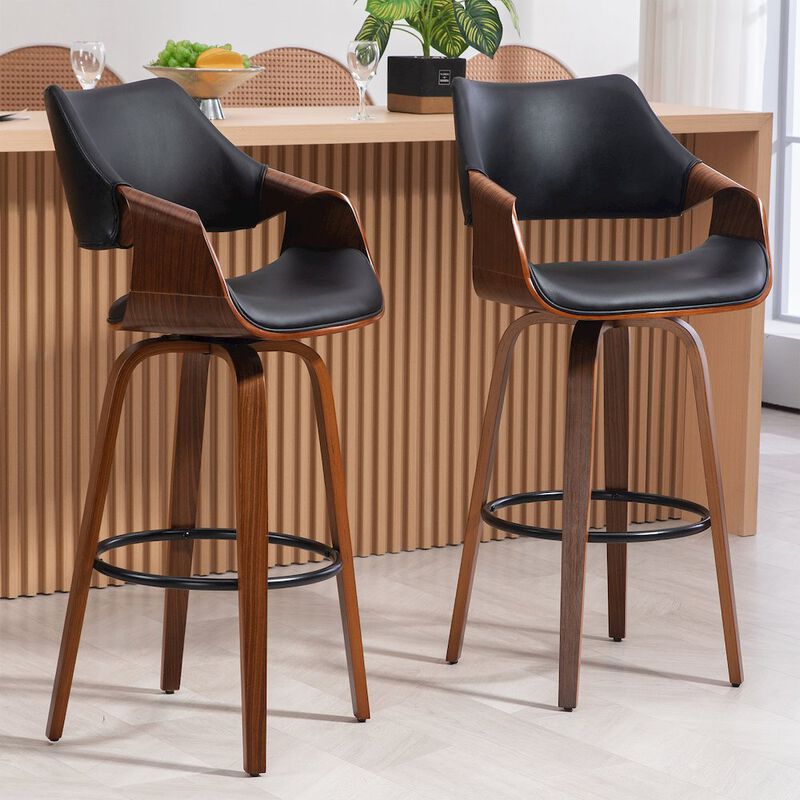 Glamour Home Beasley Black Faux Leather Bar Stool with Walnut Wood Legs
