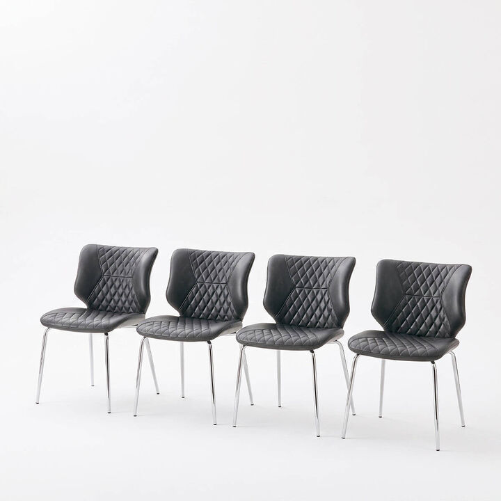 Set of 4 Leather Dining Chairs Square High Back Dining Chairs with Chevron Tufting Retro Dining Chairs with Metal Legs and Back Handle