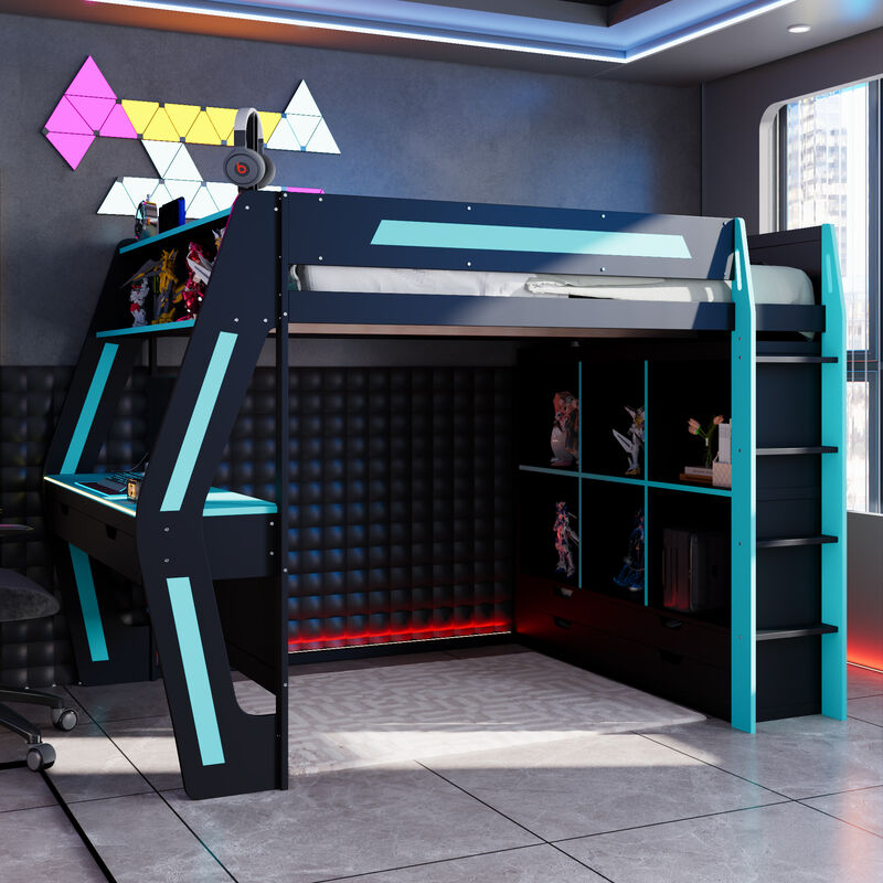 Merax Full Size All-in-One Gaming Loft Bed with Staircase & RGB Lights image number 2