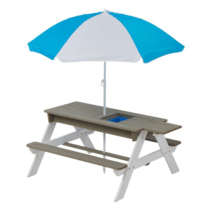 Wooden Kids Picnic Table, Sand and Water Table with Umbrella, Activity Table for Patio Play