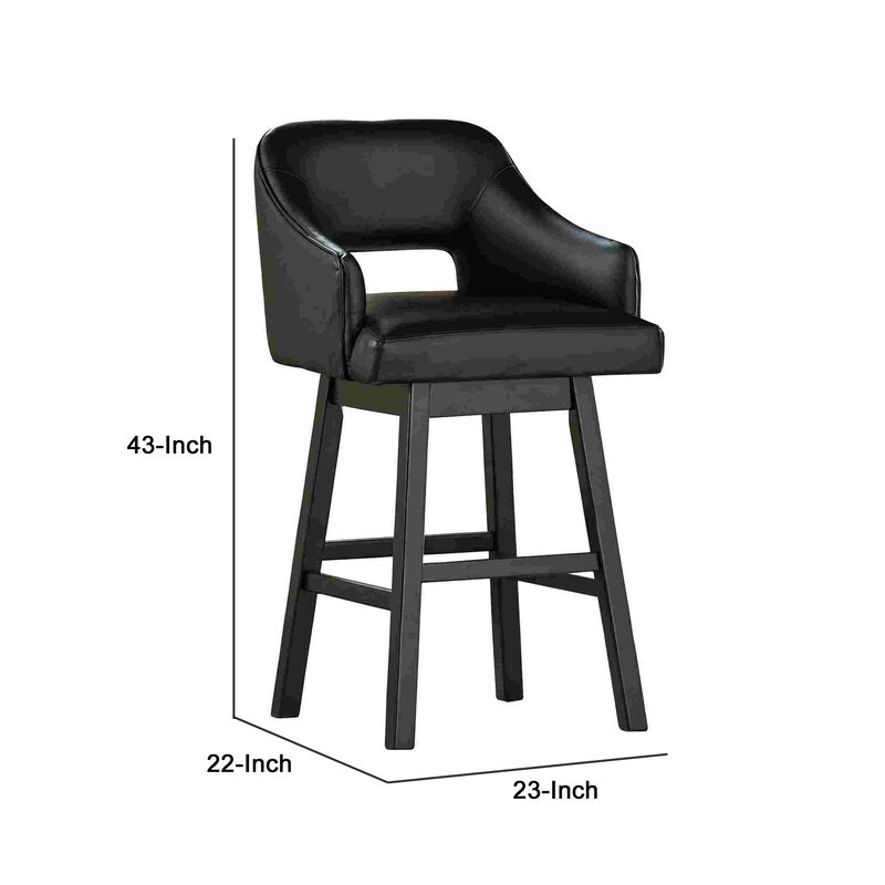 Swivel Barstool with Faux Leather and Countered Back, Set of 2, Black - Benzara