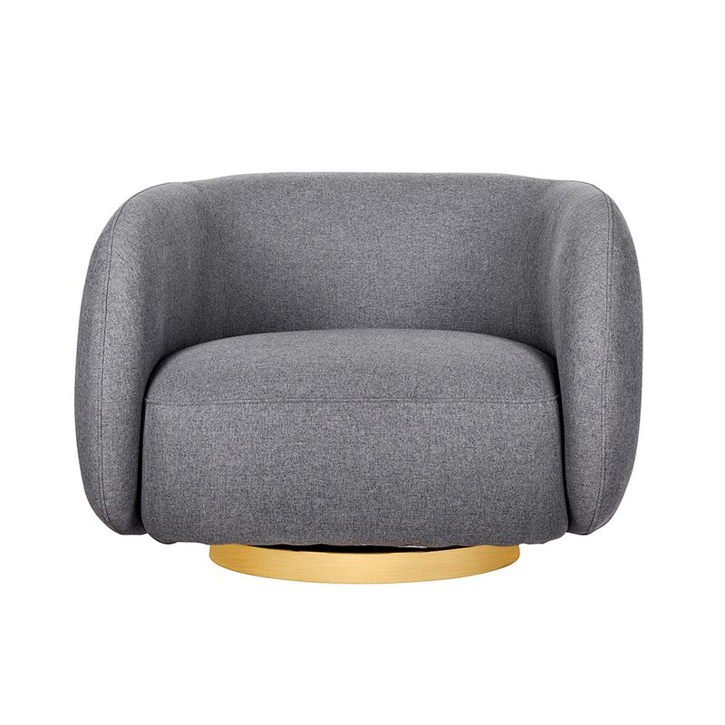 Eros 35 Inch Swivel Accent Chair, Plush Gray Fabric Upholstery, Gold Base