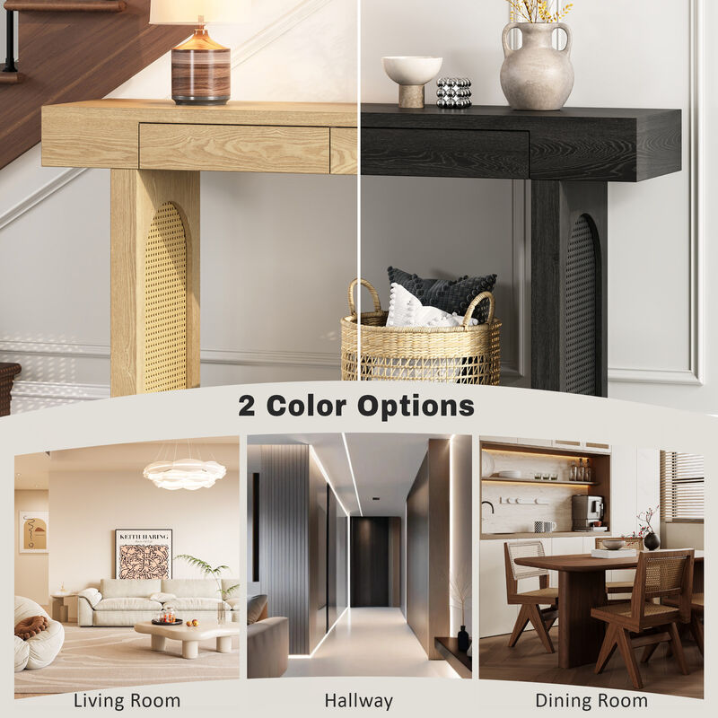 Clihome Narrow Console Table with Rattan Accent, Natural Wood Finish Entryway Table with Storage Drawers, Stylish Rustic Sofa Table for Living Room and Hallway
