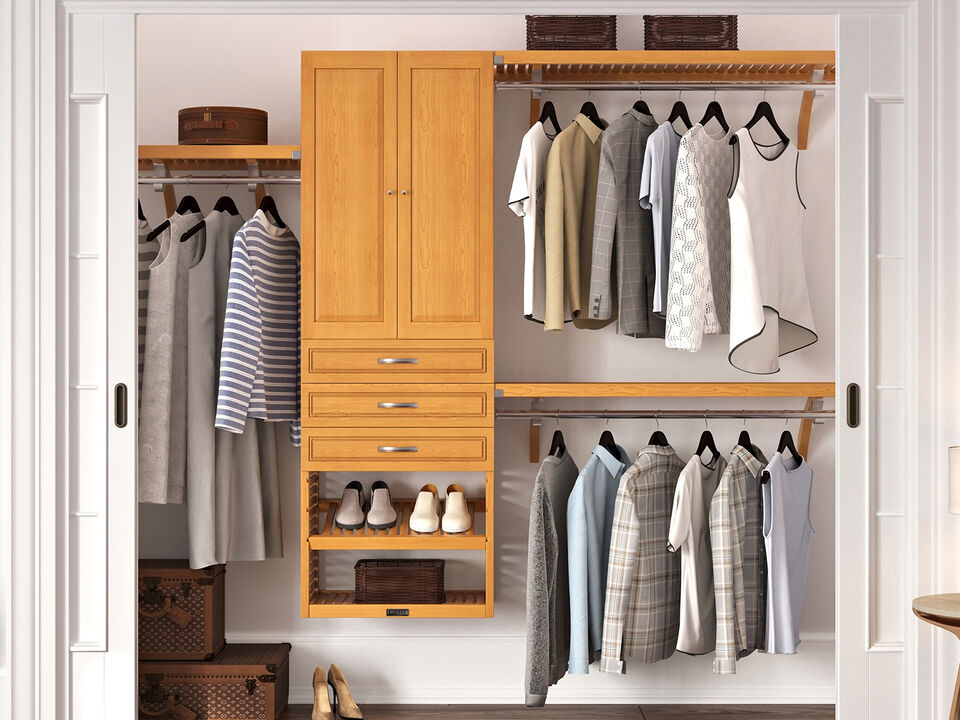 Solid Wood Walk-In Closet Organizer with 3 Drawers and Solid Wood Doors