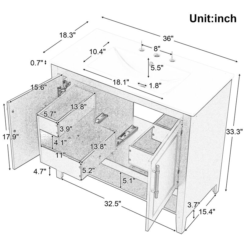 Whisen 36" Bathroom Storage Cabinet Bathroom Vanity with Ceramic Sink, Doors and Drawers