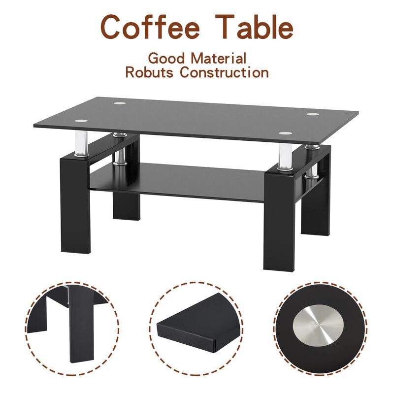 IANIYA Rectangle Tempered Glass Coffee Table Metal Tube Legs End Table for Livingroom (All Black)
