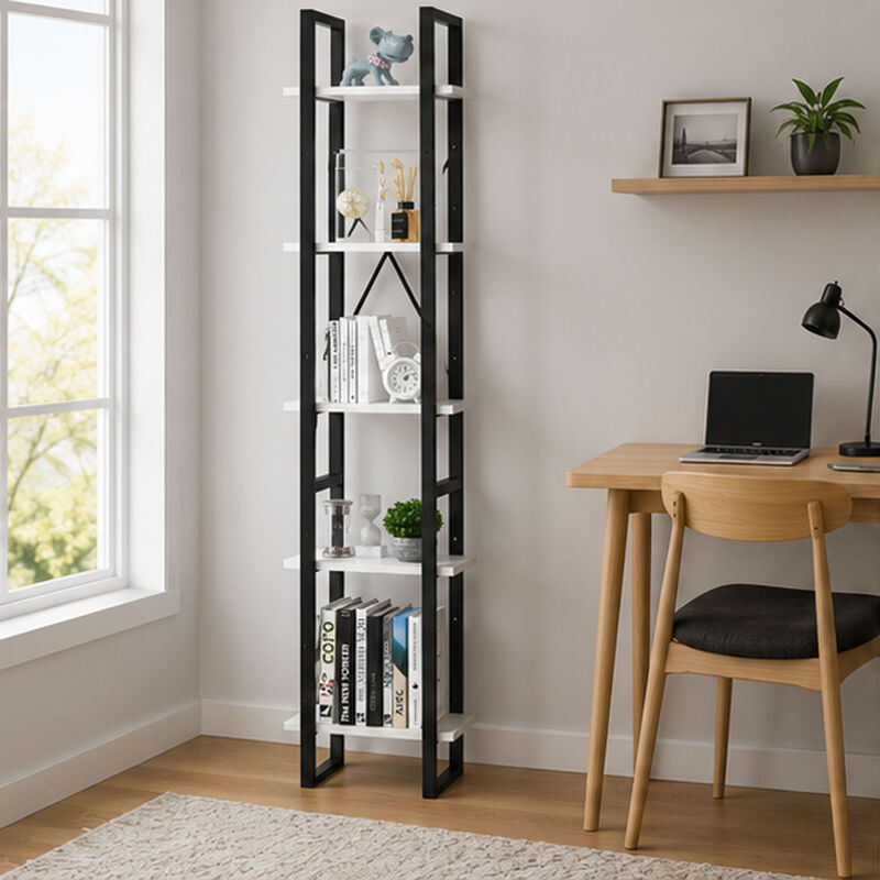 5 Tier Bookshelf Unit, Open White Wood Racks, 41 Inch Black Metal image number 8