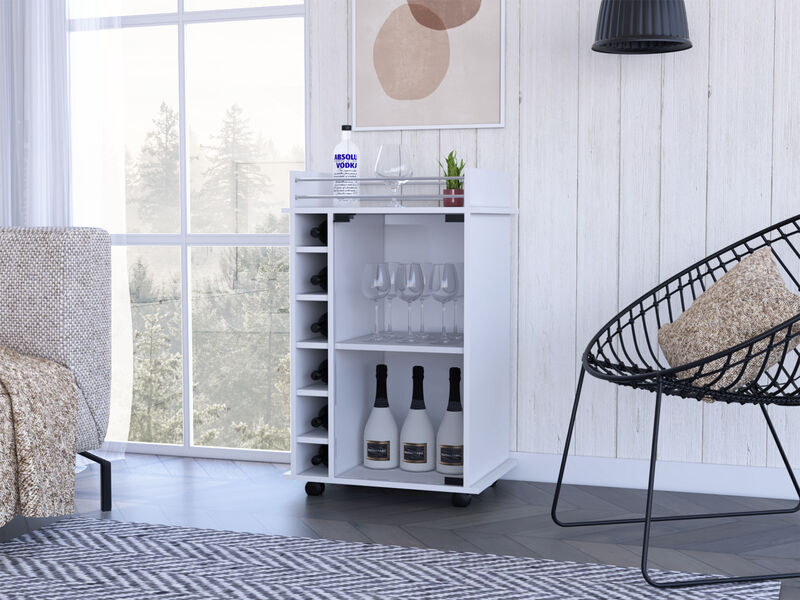 DEPOT E-SHOP Huali Bar Cart, Six Built-in Wine Rack, Glass Door, Four Casters, Two Shelves, White