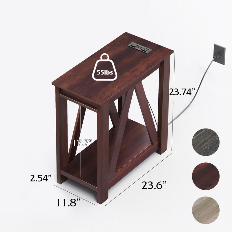 WLIVE Narrow End Table Set of 2 with Charging Station, Sofa Side Tables Living Room with Open Storage Shelf, Slim Farmhouse End