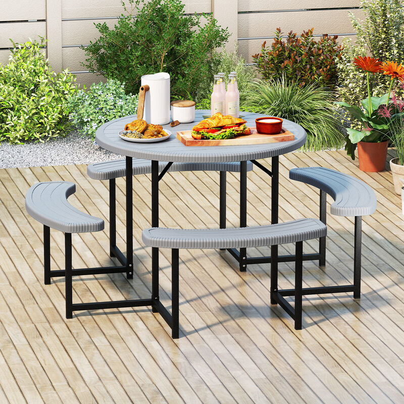 Round Picnic Table Set with 4 Benches and Umbrella Hole &ndash; Outdoor Patio Dining