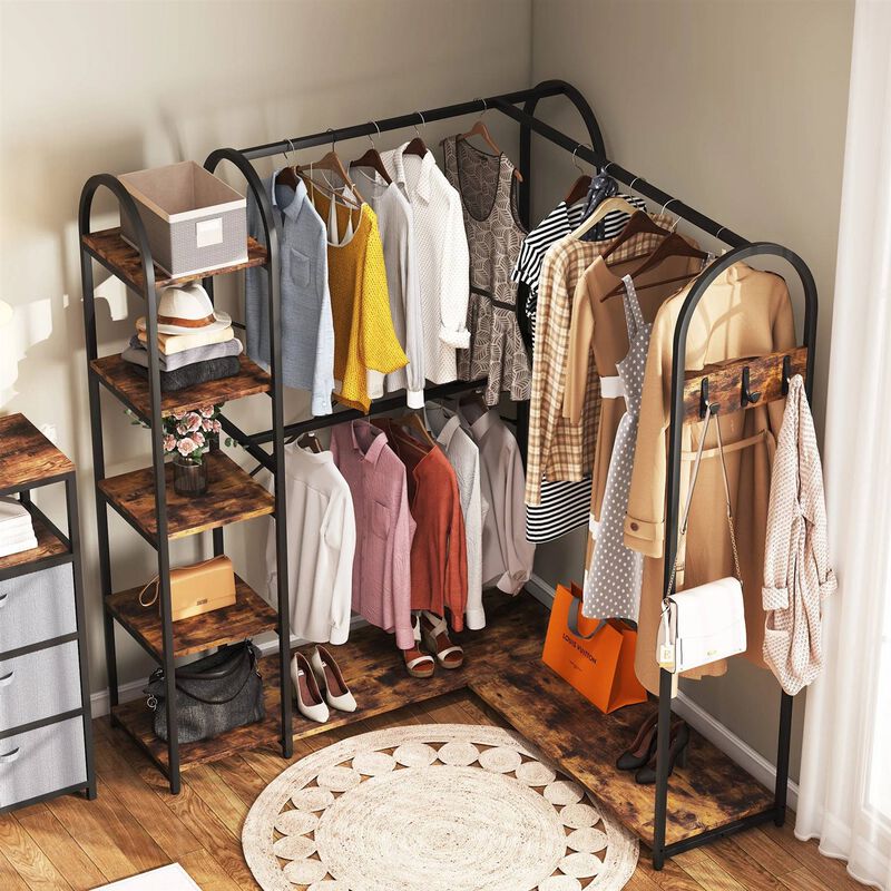 Freestanding L-Shaped Garment Rack – Corner Clothing Storage with Shelves and Rods