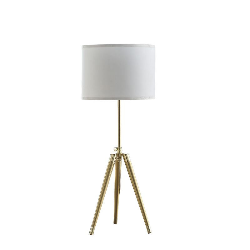 Kera Table Lamp, White Drum Shade, Brass Gold Tripod Base 39 Inch  - Benzara