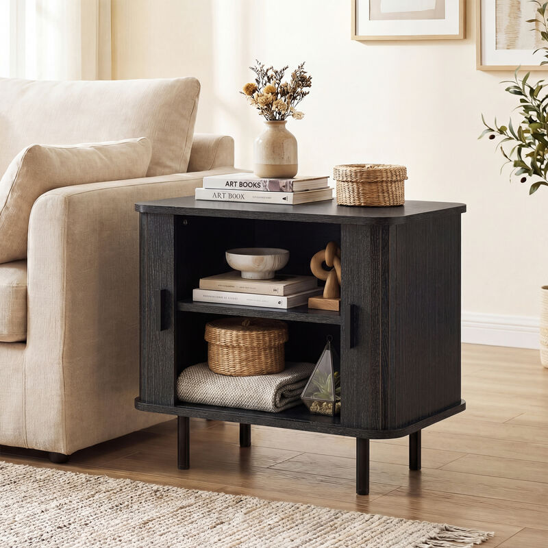Modern Bedside Nightstand with Sliding Doors and Open Shelf for Bedroom image number 3