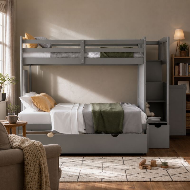 Whisen Twin over Full Bunk Bed with Staircase & Drawers, Solid Pine Convertible for Kids Bedroom image number 1