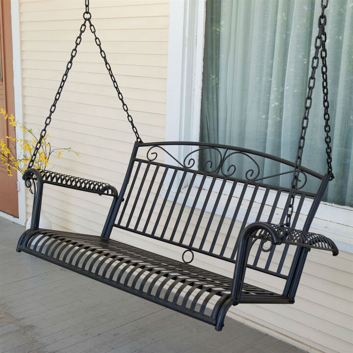 QuikFurn Wrought Iron Outdoor Patio 4-Ft Porch Swing in Black