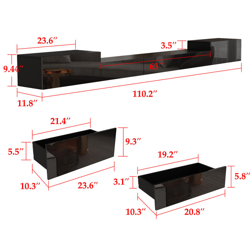 Black Mirror Finished TV Stand Wall-Mounted Entertainment Center Fits TV's up to 110.2 in. with 4 Drawers for Storage
