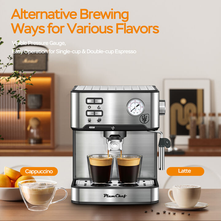 20 Bar Espresso Machine with Milk Frother, ESE Pod Compatible, Pressure Display, Single & Double Shot Home Barista