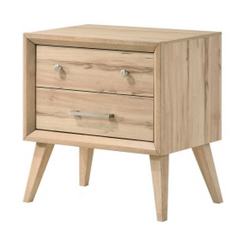 Kali 27 Inch Nightstand, 2 Drawers, Nickel Handles, Oak Brown Solid Wood - Benzara