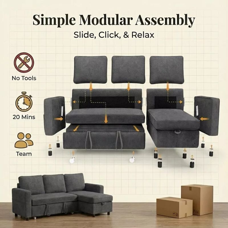 81" Sleeper Sofa Bed, 2 in 1 Pull Out Couch, Sectional Sofa with Reversible Storage, Side Pockets image number 2