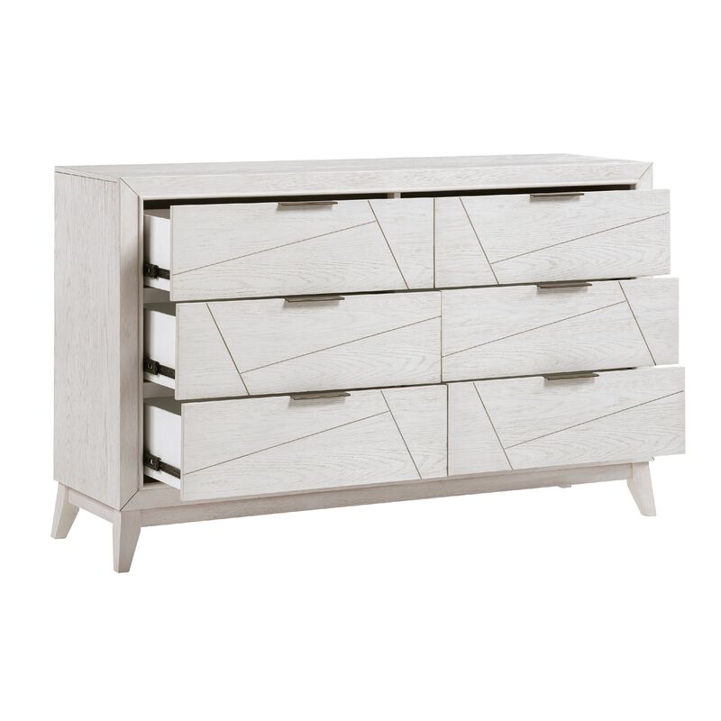 Zine 62 Inch Dresser, 6 Drawers, Antique White Wood, Black Handles - Benzara