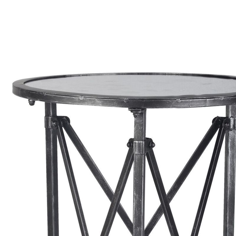 27 Inch Side Table, Round Metal Body, Glass Tabletop, 3 Wheels, Silver